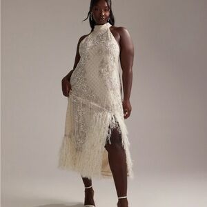 ASOS DESIGN Curve floral embellished halter maxi wedding dress with fringe hem